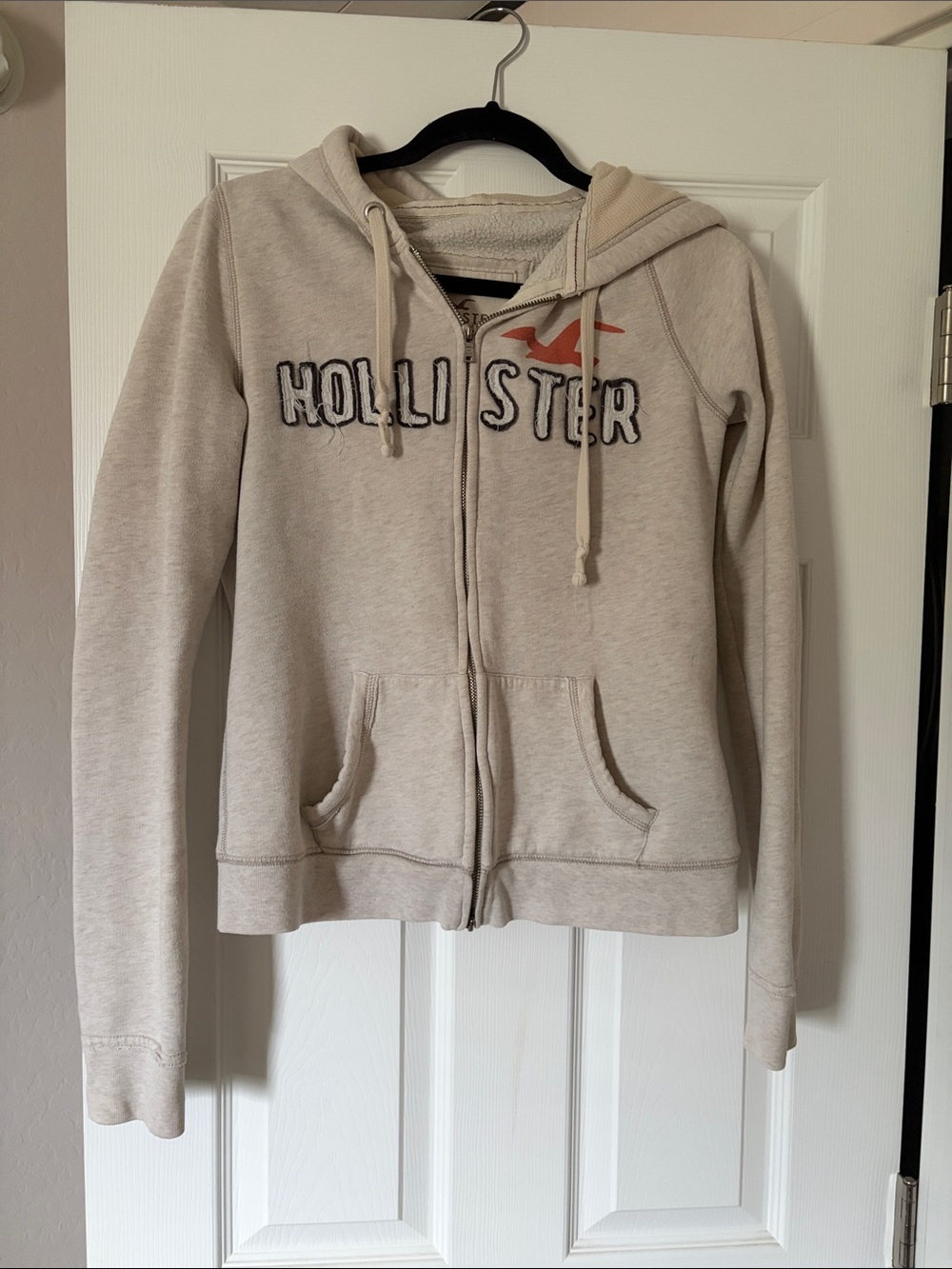 Hollister Light Cream Zip-Up Hoodie with Logo